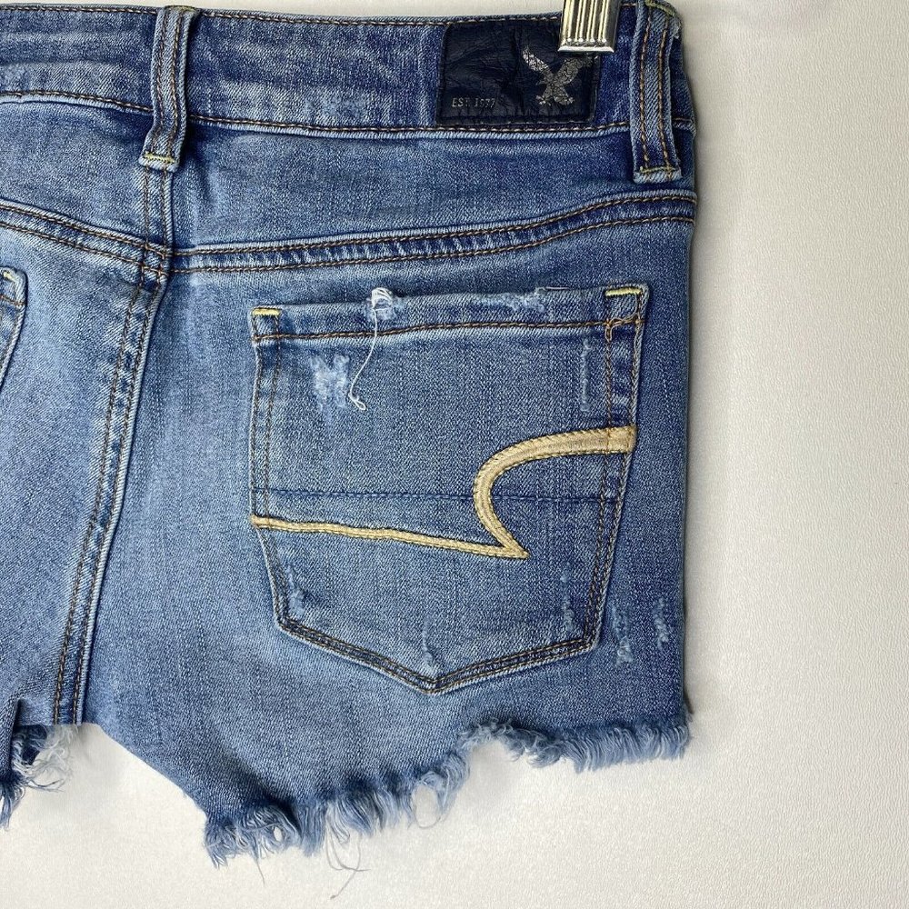 American Eagle Distressed Shortie Stretch Jean Shorts AEO Denim Cutoffs Size 0 - Picture 6 of 8